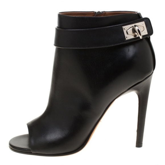 Givenchy Black Leather Shark Lock Peep Toe Ankle Boots Size 40.5 - Picture 3 of 10